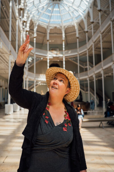 Scottish storyteller Cara Silversmith in the National Museum of Scotland Grand Gallery