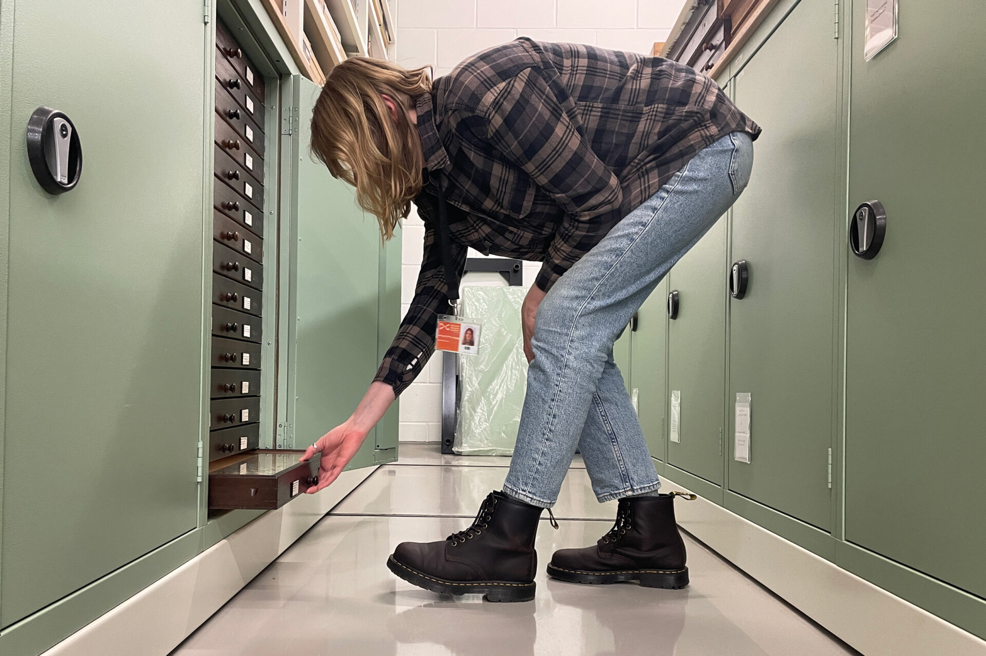 Ash Whiffin opening a drawer of insect specimens in the National Museums of Scotland collections.