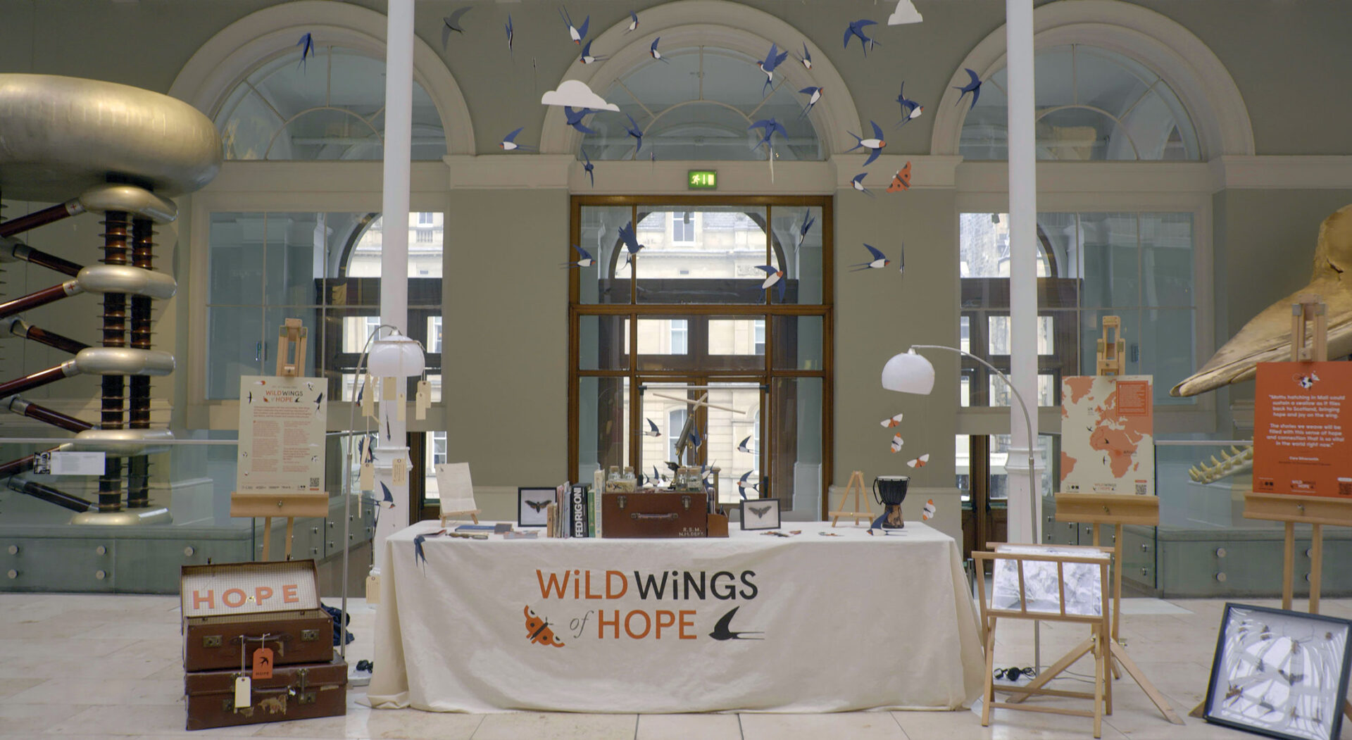 The Wild Wings of Hope welcome desk in the Grand Gallery of the National Museum of Scotland.