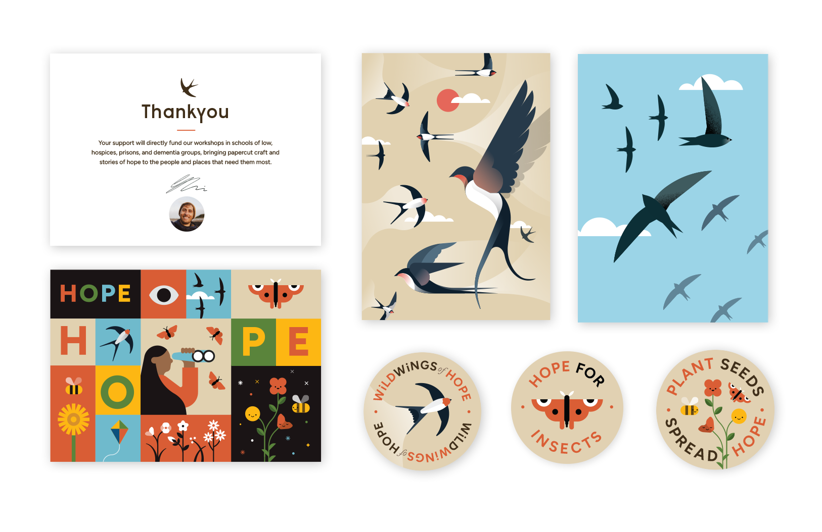 A selection of colourful postcards and stickers arranged on a table.