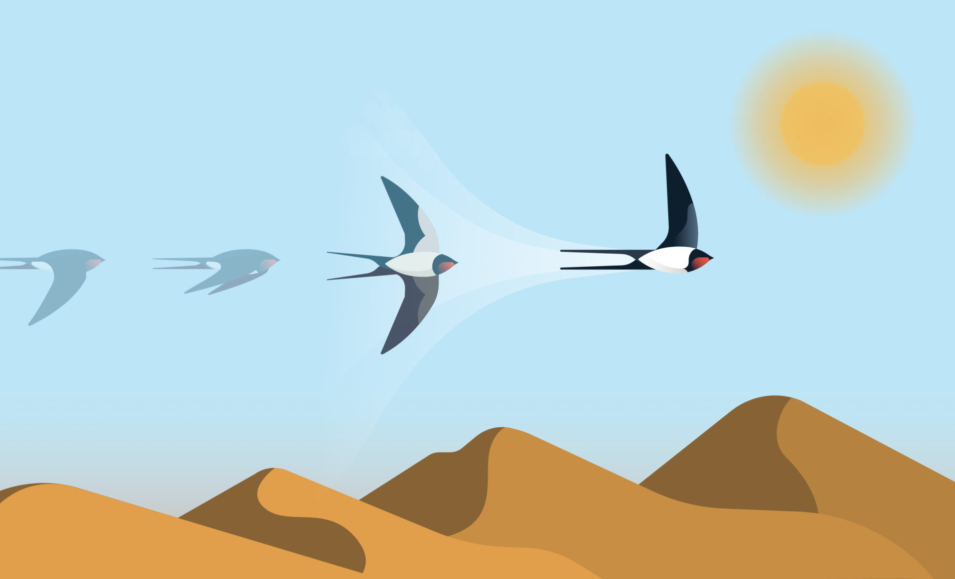 Illustrated barn swallow flying over a desert landscape beneath a bright sun and clear sky.