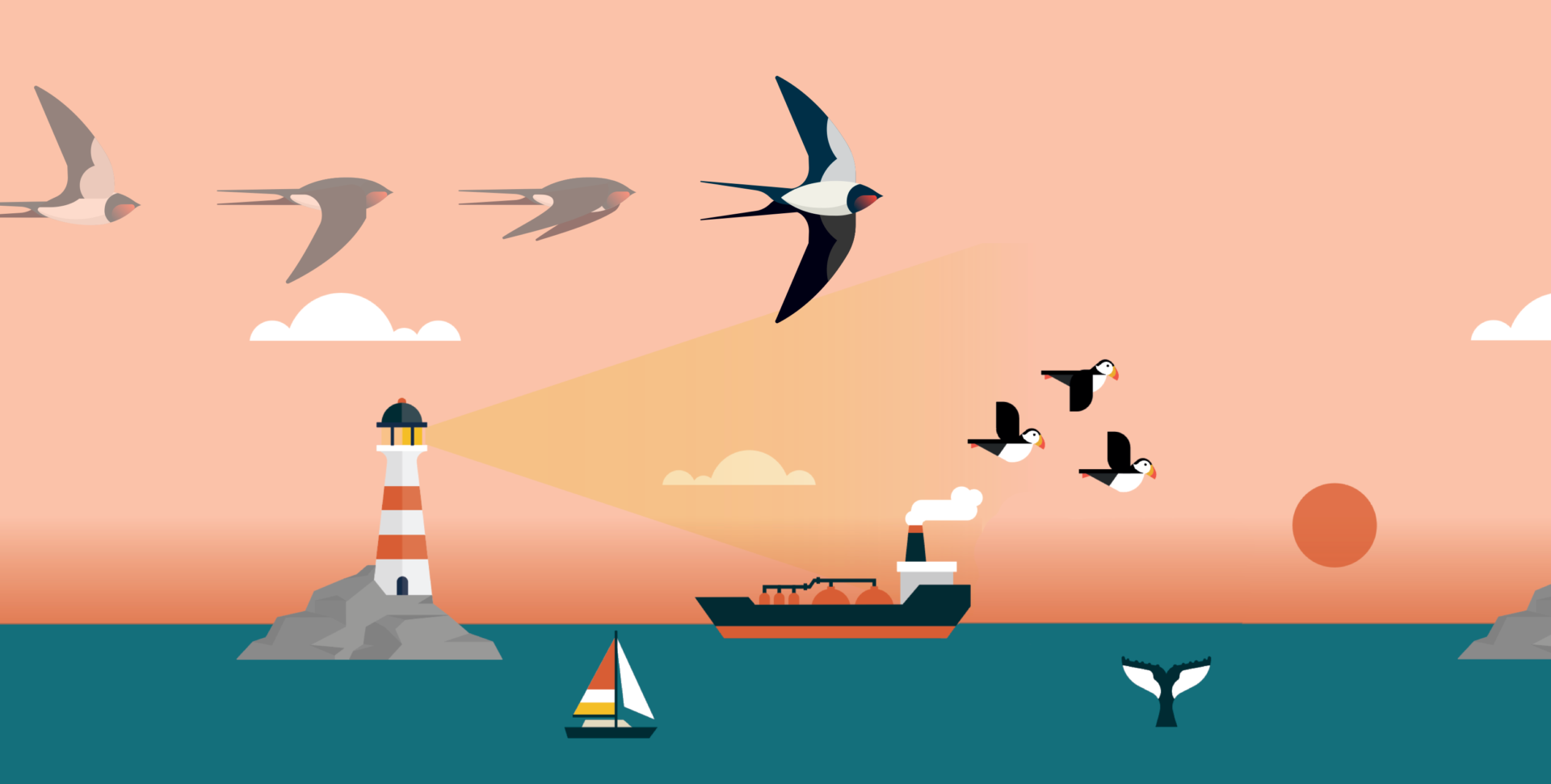 Illustrated barn swallow flying over an ocean landscape with a lighthouse, puffins and a pink sky.