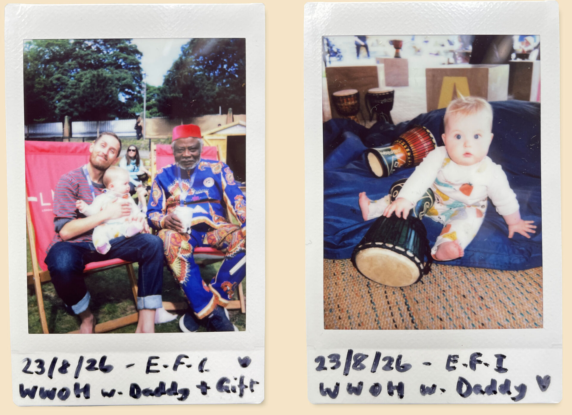 Polaroid photographs of Welsh artist Ed Harrison and Ghanaian storyteller Chief Gift Amu at the Edinburgh International Book Festival.